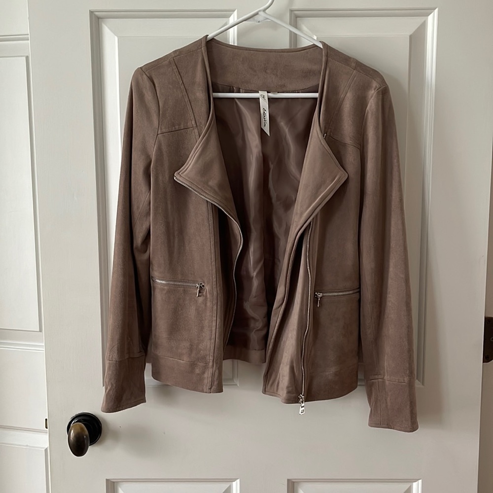 NY Collection Tan Faux Suede Moto Jacket, XS